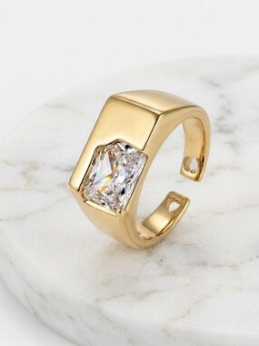 14K Gold Plated Open Adjustable Ring w/ Emerald-Cut Crystal Stone | Chunky Ring